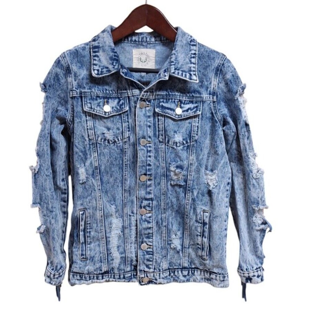 Fantastic Fawn‎ Acid Washed Denim Jean Jacket Women's M Shredded Fringe Grunge